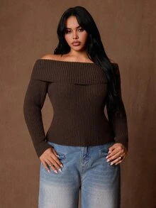 Rustia Plus Size Vintage Streetwear Off-Shoulder Long Sleeve Sweater Fall - Black - View 4