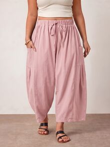 Enliva Plus Size Loose Fit Drawstring Casual Cropped Pants Fall - Pink - View 5