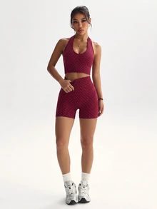 Slayform Women's Polka Dot Print Halter Neck Tank Top And Shorts Sports Set - Burgundy - View 4