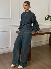 DAZY Women's Raglan Long Sleeve Single-Breasted Denim Shirt And Denim Jeans Casual Set Fall - Blue - View 5