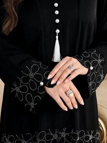 Al Najma 大尺碼女款優雅V領水鑽長袖阿拉伯風洋裝 - 黑色 - 查看 4