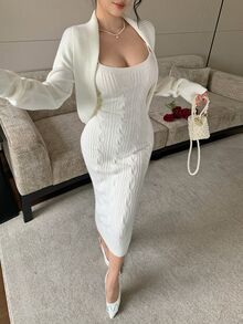 Feyla Women's Solid Color Long Sleeve Knit Cardigan And Camisole Knit Dress Elegant Set - White - View 1