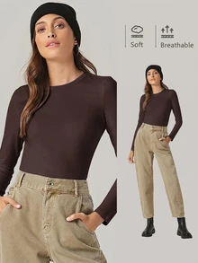 SHEIN BASICS 女款休閒百搭純色修身長袖T恤上衣 白色 - 棕色 - 查看 1