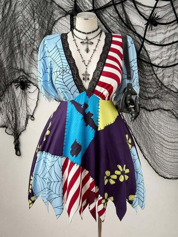 Sunspun Vestido de moda para mujer talla grande con estampado de telaraña, encaje en contraste y bajo asimétrico