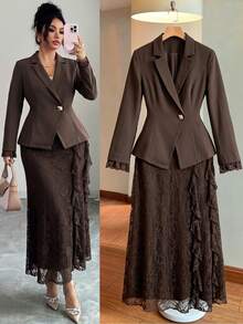 GlowEve CURVE Plus Size Women's Woven Regular Fit Autumn/Winter Elegant Commute Date Lady Professional Metal Square Buckle Cuff Lace Blazer And Side Ruffle Lace Skirt 2-Piece Set In Chocolate Brown - Chocolate Brown - View 1