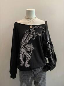 SHEIN EZwear 休閒極簡虎紋印花衛衣 秋冬款 - 彩色 - 查看 3