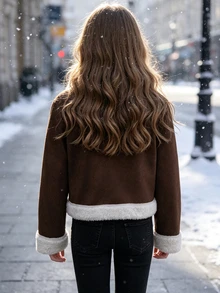 SHEIN Elladie kids Streecool 青少年女孩夾克 秋季服飾 街頭風休閒時尚 純色翻領長袖拉鍊 PU 機車夾克 常規款加厚 - 棕色 - 查看 2