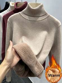 INAWLY One-Piece Thermal Lined Thickened Slim Fit Turtleneck Knit Top - Khaki - View 2