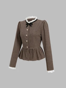 Sweetra Vintage French Houndstooth Jacquard Wool Short Jacket With Ruffle Hem, Feminine Girl Style, Cinched Waist, Puff Sleeves, Delicate White Embroidered Lace Trim, Velvet Bow Decor, Classic Versatile For Dates, Outings And Light Office Commute, Women's Woolen - Mocha Brown - View 3