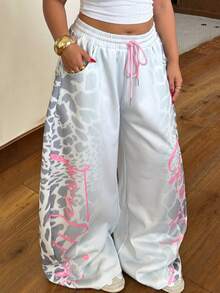 Muchica Plus Size Women's Drawstring Waist Pocket Casual Long Pants Fall - Light Grey - View 1