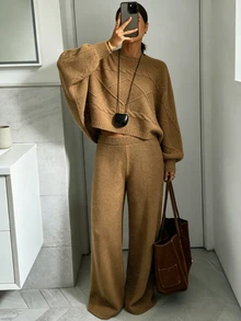 SHEIN Women Cable Knit 2 Pieces Outfits, Long Sleeve Crop Sweater & Wide Leg Pants Knitted Set - Brown - View 2