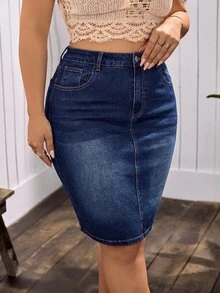 EMERY ROSE Rok Mini Denim Kasual Serbaguna untuk Wanita Ukuran Plus dengan Kantong - Biru - View 3