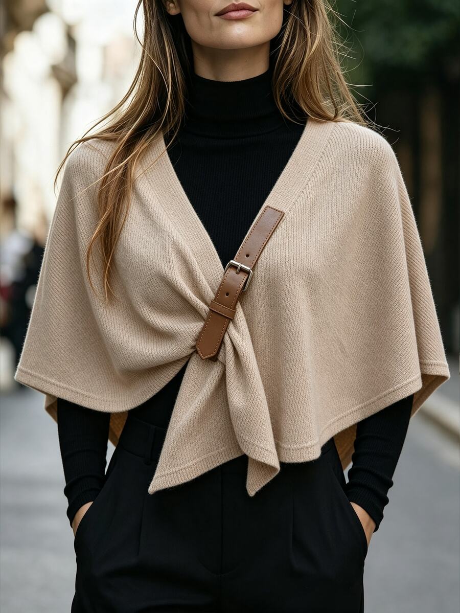 Selianne Jaket Cape Wanita Warna Polos dengan Kancing Depan, Musim Gugur/Dingin - Aprikot - View 1