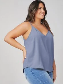 SHEIN BASICS 大尺碼純色細肩帶背心上衣 夏季女款穿搭上衣 - 霧霾藍 - 查看 5