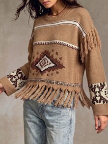 Holdful Holdful Herbst Neu Braun und Weiß Quasten Jacquard Design Locker Faul Boho Damen Pullover Urlaub - Braun - Übersicht 3