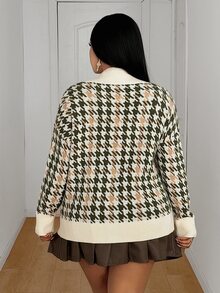 Maweii Plus Size Women's Houndstooth Casual Versatile Daily Wear Cardigan - Multicolor - View 3