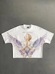 Manfinity ZONE917 USA 寬鬆嘻哈街頭風禱告和平男孩大圖案做舊塗鴉 Logo 白色短版短袖 T-shirt - 白色 - 查看 1