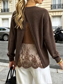 Resyla Women's Solid Color Round Neck Dropped Shoulder Long Sleeve Back Contrast Lace Top - Brown - View 5