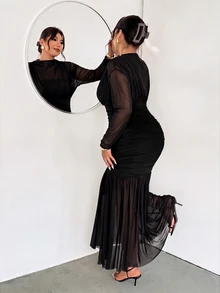 Firerie Plus Size Women Solid Color Pleated Casual Party Dress Fall - Black - View 3