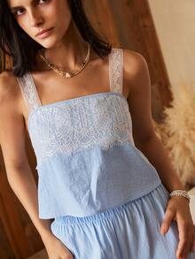 Lullawish Bộ đồ ngủ nữ phong cách Bohemian 100% cotton, áo hai dây phối ren tương phản và quần dài - Xanh da trời - Xem 5