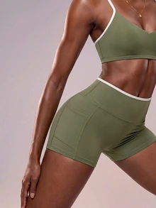 Zivah Women's Olive Green Sports Bra Shoulder Top Shorts Sportswear Set Gym Workout Activewear Outfit For Autumn Winter Workout Gym Active Modest - Multicolor - View 4