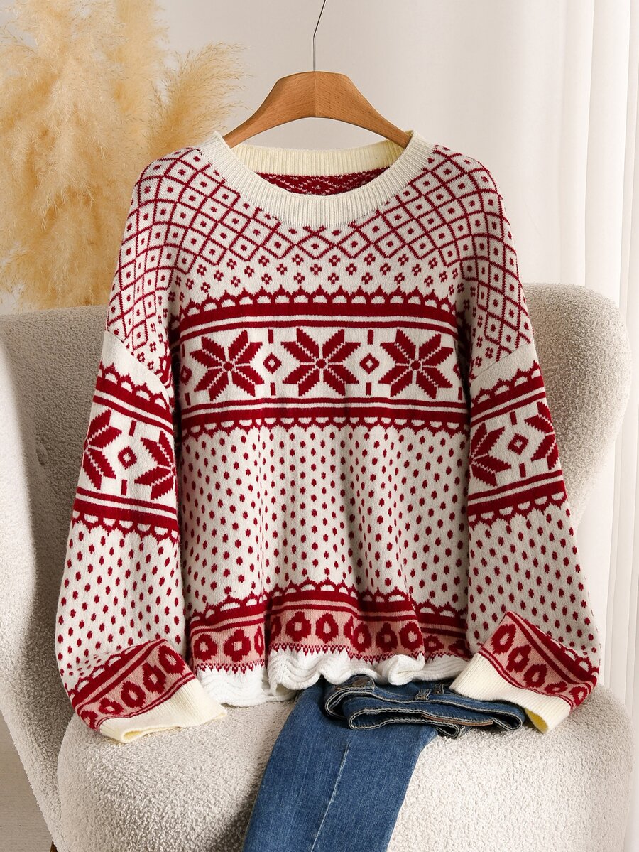 CosyJoli Plus Size Fashion Jacquard Long Sleeve Sweater For Holiday & Vacation