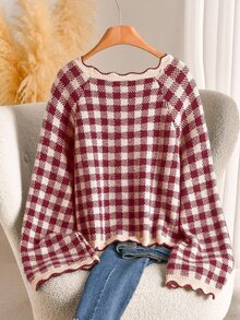 CosyJoli Plus Size Casual 1920s 90s Plaid Sweater, Autumn/Winter Formal Office Burgundy - Burgundy - View 3