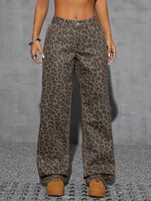 SHEIN CURVE+ Festival Plus Size Women's Leopard Print Non-Stretch Straight Leg Denim Pants - Apricot - View 1