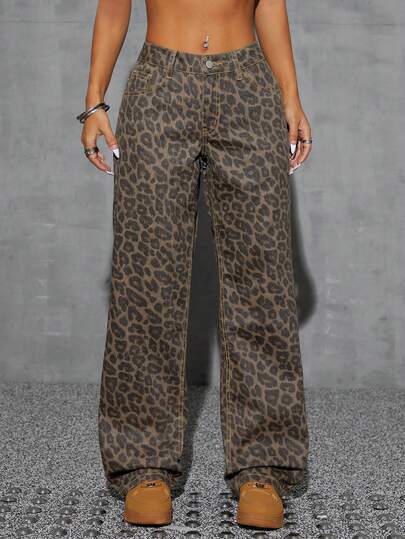 SHEIN CURVE+ Festival Plus Size Women's Leopard Print Non-Stretch Straight Leg Denim Pants