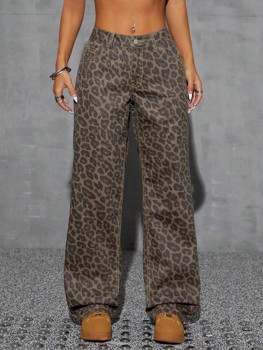 SHEIN CURVE+ Festival Plus Size Women's Leopard Print Non-Stretch Straight Leg Denim Pants - Apricot - View 1