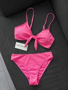 SHEIN Swim 女款兩件式比基尼泳衣套裝，雙肩帶設計，玫瑰紅羅紋布料，適合海灘、島嶼度假、泳池派對、休閒百搭 - 玫紅色 - 查看 2