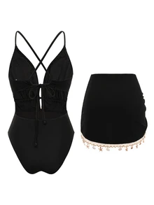 Swim Oasis-D Women's Solid Color Spaghetti Strap Front Shell Chain Decor Two Pieces Bikini Set - Black - View 2