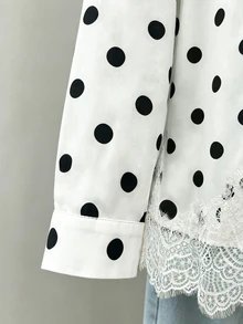 GlowEve CURVE Elegant Fashionable Versatile Collared Polka Dot Lace Patchwork Hem Blouse - White - View 4