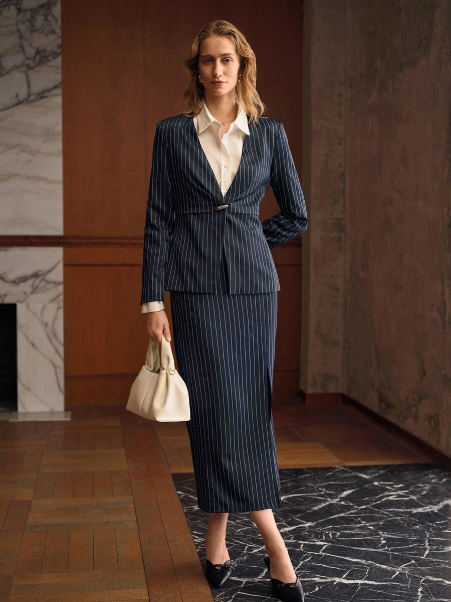 MOTF PREMIUM BLAZER GARIS-GARIS RAPI DENGAN SATU KANCING - Navy Blue - View 1