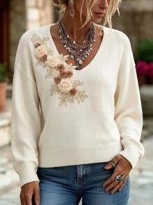 Linavere Women's Romantic 3D Floral V-Neck Drop Shoulder Long Sleeve Sweater - White - View 1