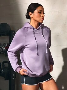 Solea Cove Women's Letter Print Raglan Long Sleeve Drawstring Hooded Sweatshirt - Dusty Purple - View 4