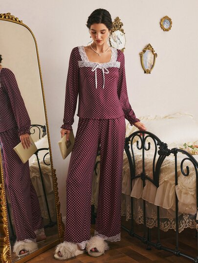Côtesoire Women's French Romantic Polka Dot Print Contrast Color Lace Patchwork Long Sleeve Long Pants Pajama Set
