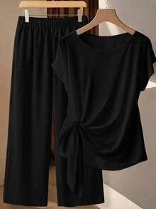 SHEIN Clasi Plus Size Solid Color Tie-Front Top And Pants 2 Pieces Set - Black - View 1