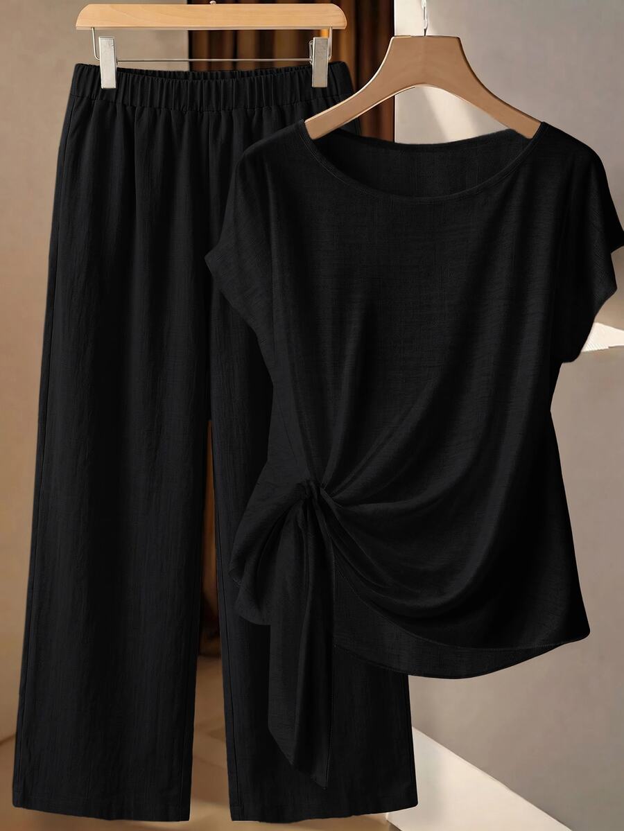 SHEIN Clasi Plus Size Solid Color Tie-Front Top And Pants 2 Pieces Set - Black - View 1