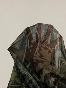 SHEIN ICON 女款大尺碼佩斯利印花前綁帶喇叭袖上衣 - 軍綠色 - 查看 13