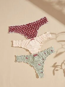 Lullawish Women's Plaid & Polka Dot Print Knit Thong Panties 3-Pack - Multicolor - View 1