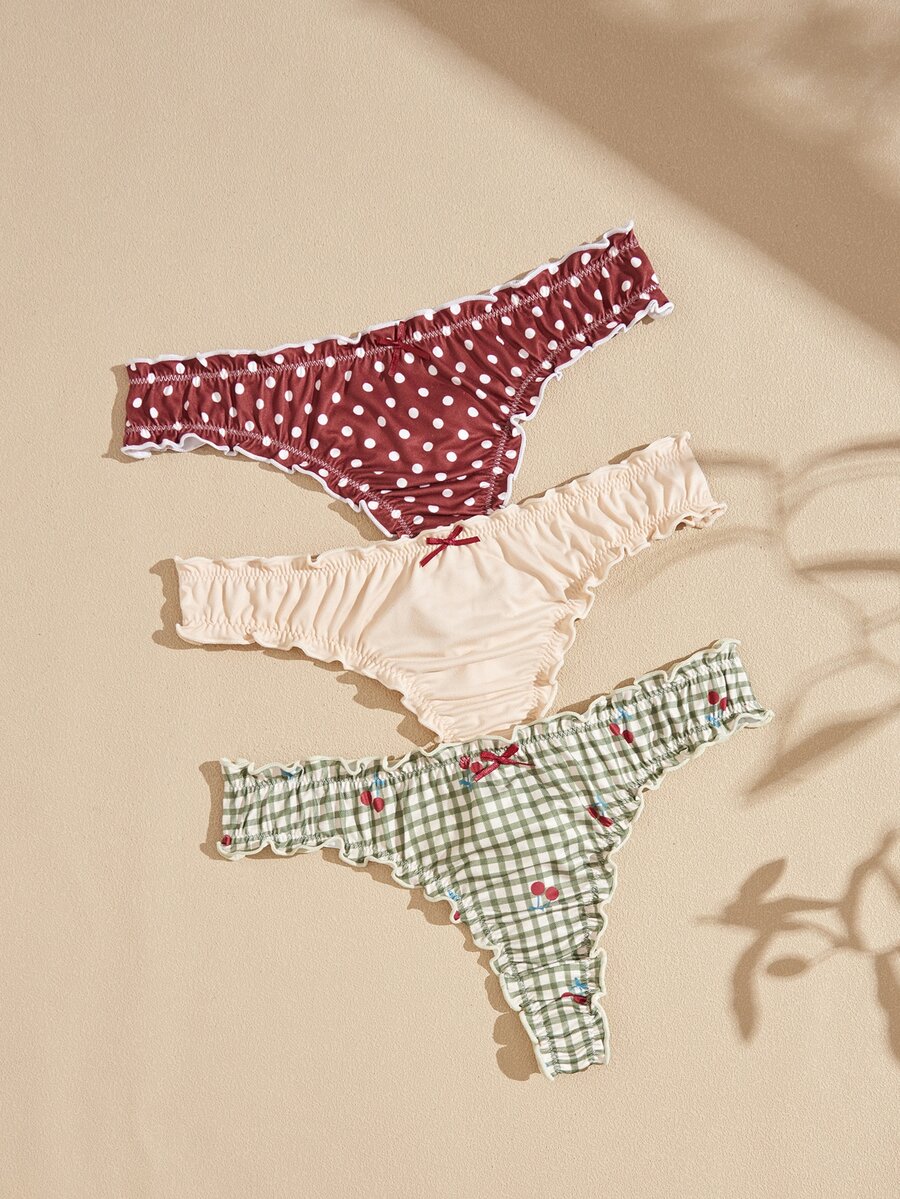 Lullawish Women's Plaid & Polka Dot Print Knit Thong Panties 3-Pack - Multicolor - View 1