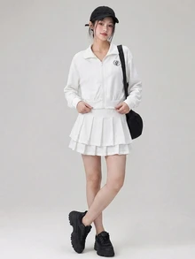 DAZY Women's Zip-Up Long Sleeve Jacket And Pleated Mini Skirt Sports Set Fall - White - View 4