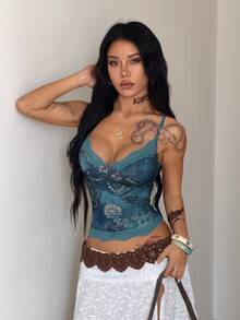 Coolane 女款夏季可愛日常穿著基礎款對比色蕾絲蝴蝶結修身藍色背心 - 藍色 - 查看 4