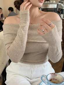 Dazy Plus Solid Color Fitted Elegant Off-Shoulder Pullover Sweater, New Autumn/Winter Commuter Style - Khaki - View 5