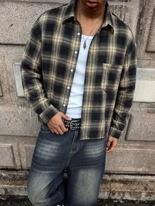 RivetRise 男士格紋口袋單排扣休閒襯衫 - 棕色 - 查看 1