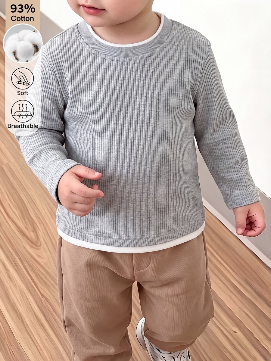 SHEIN Playful Pals Boys' Grey Ribbed 2 In 1 Long Sleeve Top, Loose & Comfortable, Minimalist Versatile Knit Sweater
