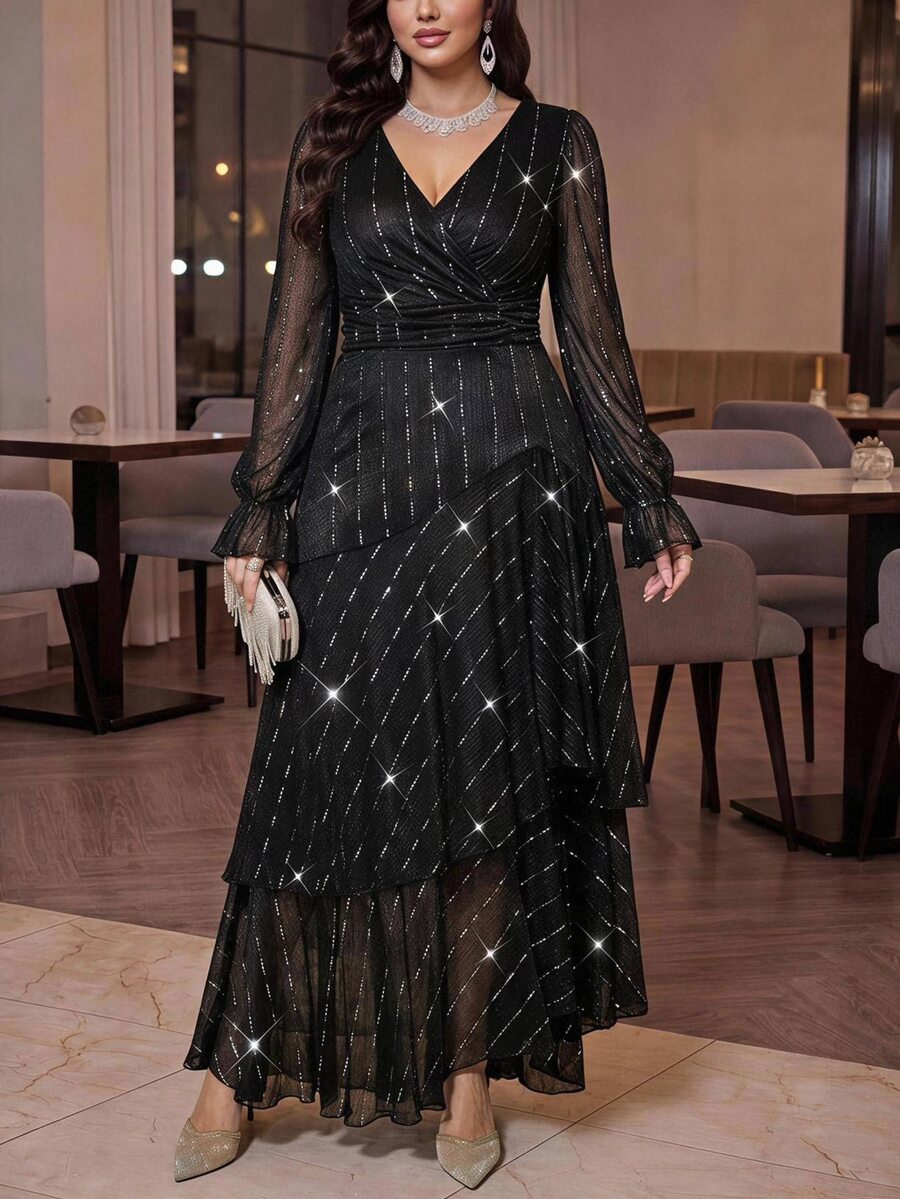 Reflora Plus Size Women's Rhinestone V-Neck Long Sleeve Ruffle Hem Elegant Dress - Black - View 1