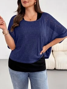 SHEIN Essnce مجموعة نسائية مقاس كبير من قطعتين تي شيرت بلون موحد وأكمام خفاشية وتوب بدون أكمام كاجوال فضفاضة - أزرق بحري - مشاهدة 3