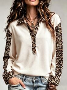 SHEIN LUNE Women's American Vintage Casual Leopard Print Patchwork Collared Long Sleeve Top, Half-Button Loose Contrast Color Casual Polo Shirt - Beige - View 3